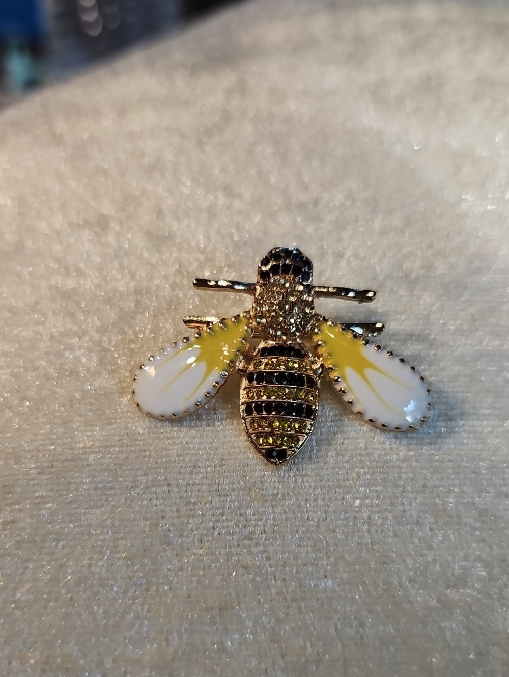 Gold Bee Brooch with Yellow and White Enamel Wings